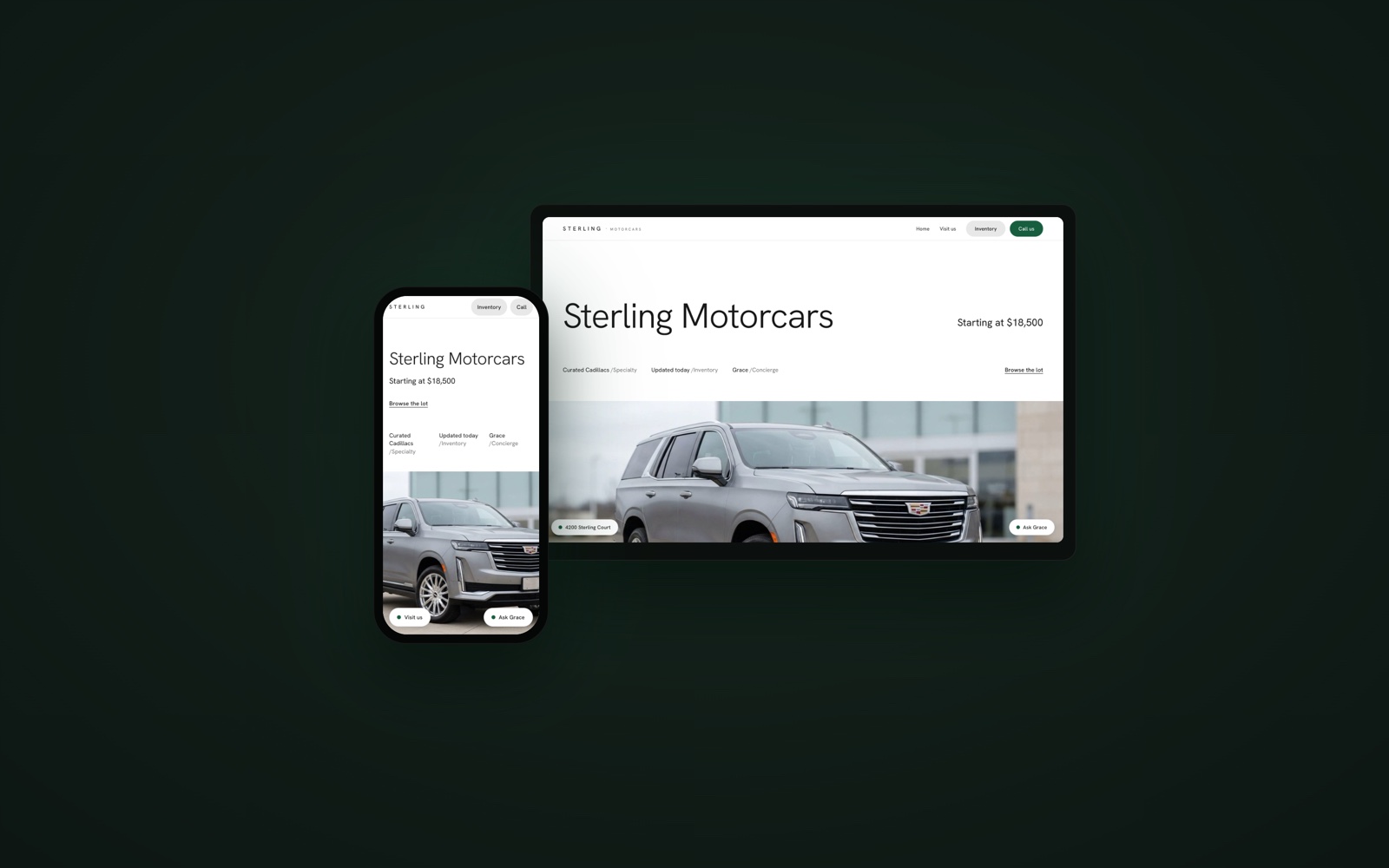 DealerFlow: the Sterling Motorcars storefront on a laptop with the phone CMS in front