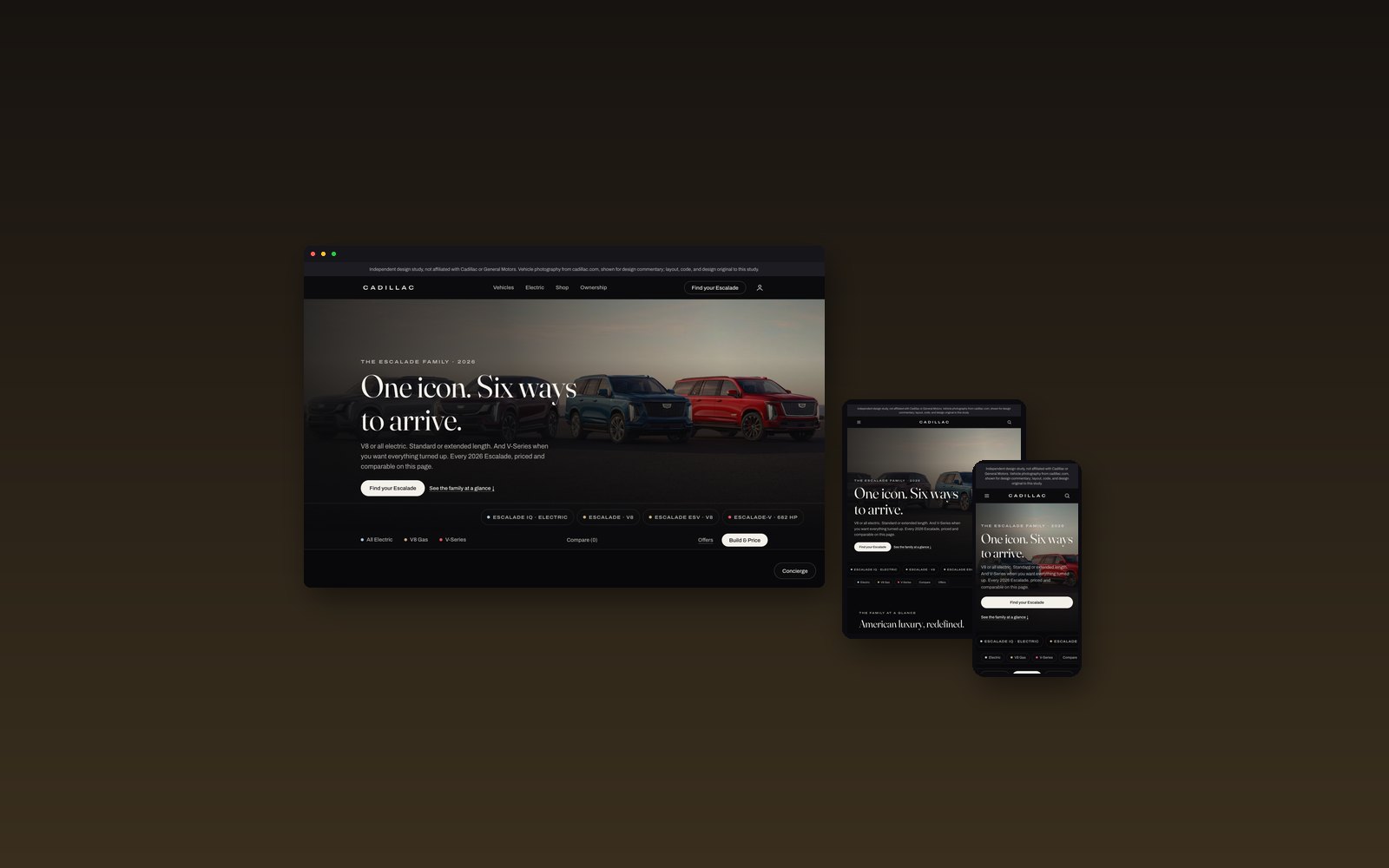 Reimagined Cadillac Escalade page shown on desktop, tablet, and phone