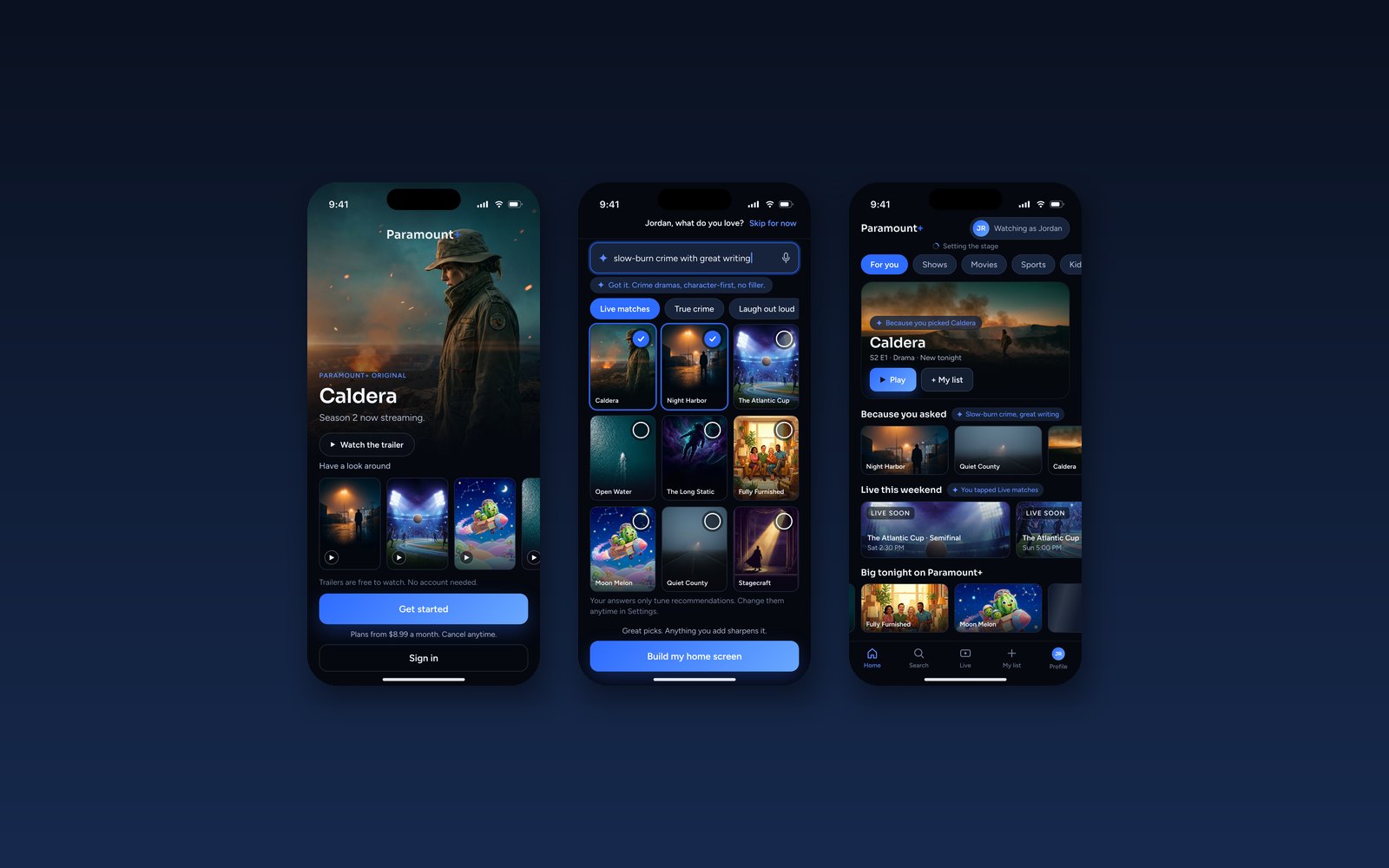 Three reimagined Paramount Plus onboarding screens floating on a deep navy gradient
